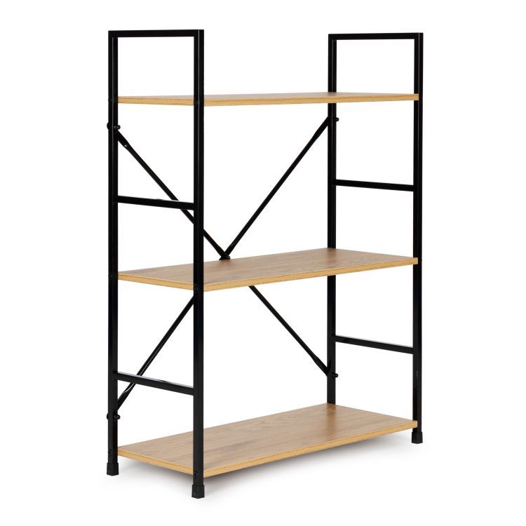 Drevený regál s kovovým rámom a s 3 policami