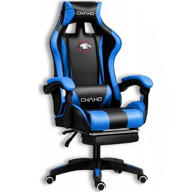 Scaun de gaming confortabil cu pernă în negru și albastru