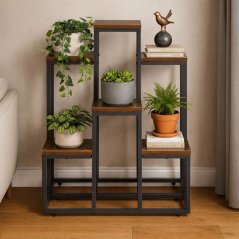 Loft Blumenständer - 6 Ablagen, schwarzer Stahl und Holzdekor