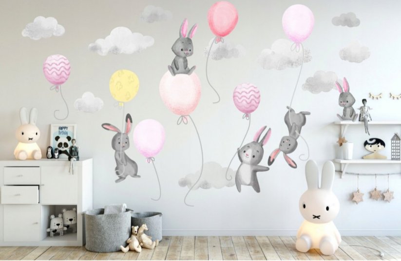 Prekrasna ružičasta zidna naljepnica za sobu djevojčice Leteći zečići 60 x 120 cm