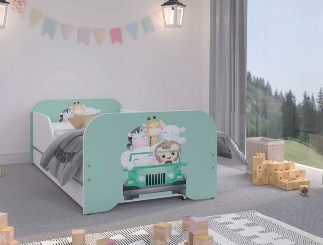 Dětská postel mentolové barvy s motivem SAFARI 160 x 80 cm