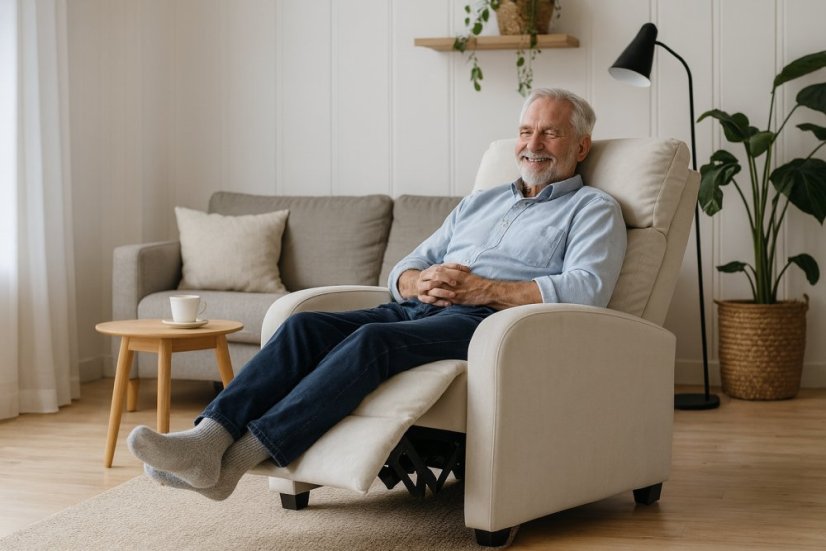 Bež žametni naslanjajoči fotelj