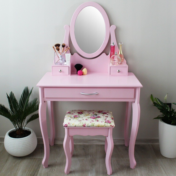 Moderna toaletna mizica v roza barvi z velikim predalom