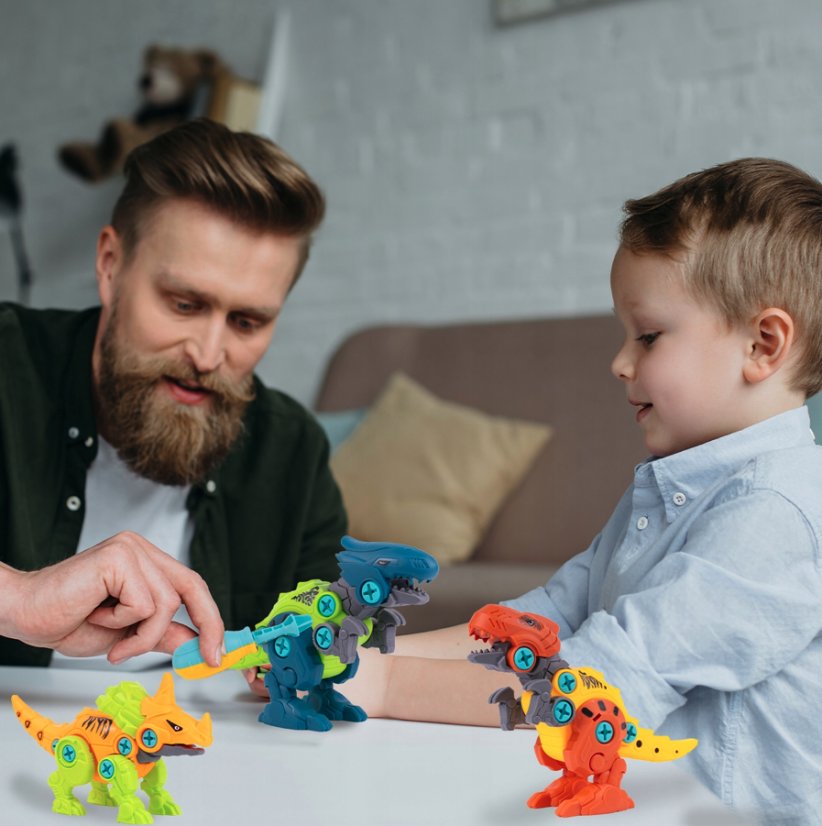 Set de construcție pentru copii - dinozauri pentru înșurubare cu unelte, 4 modele în cutie