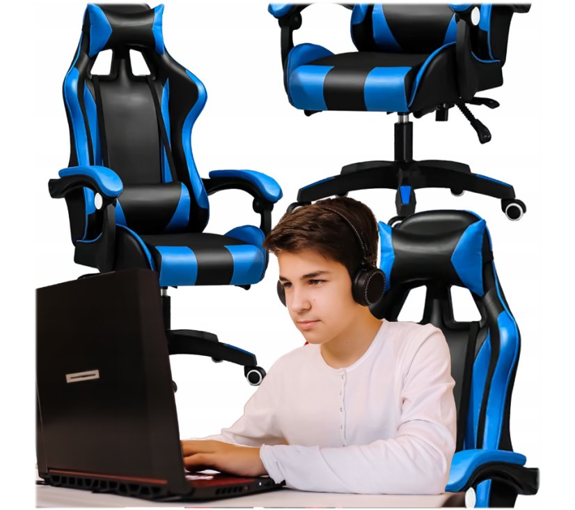 Scaun de gaming confortabil cu pernă în negru și albastru