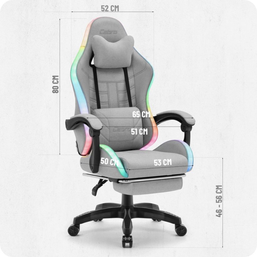 CABRO C501 gamerska stolica s LED rasvjetom i osloncem za noge, do 150 kg, siva
