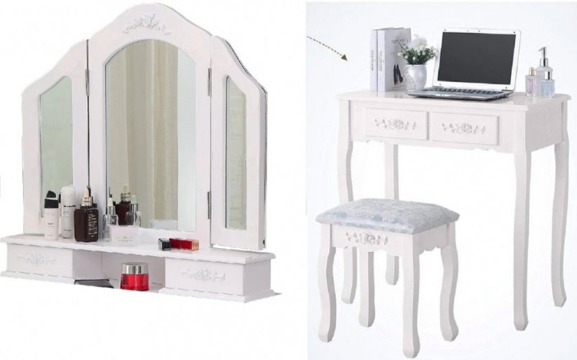Elegantný biely toaletný stolík s veľkým zrkadlom a taburetkou