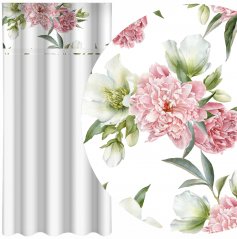  Elegantní bílý závěs s potiskem růžových pivoněk
