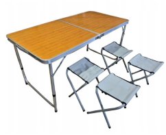 Masă de camping cu 4 scaune cu motiv din lemn