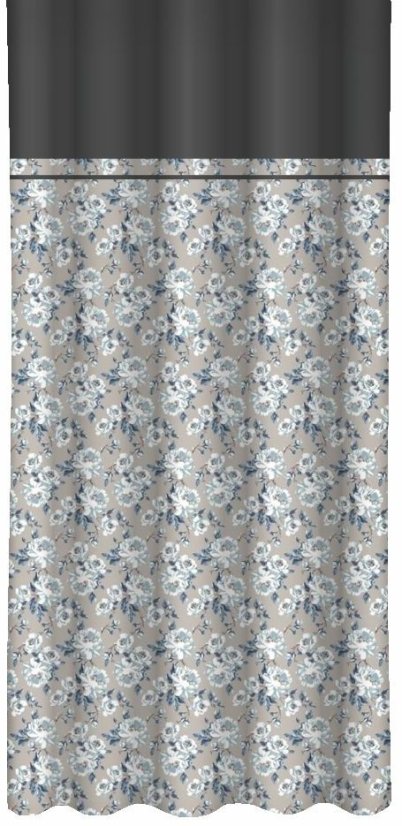 Béžový záves s potlačou modrých kvetov a tmavosivým lemom