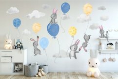 Veľká nálepka na stenu modro žltá zajačikova a balóny 100 x 200 cm 