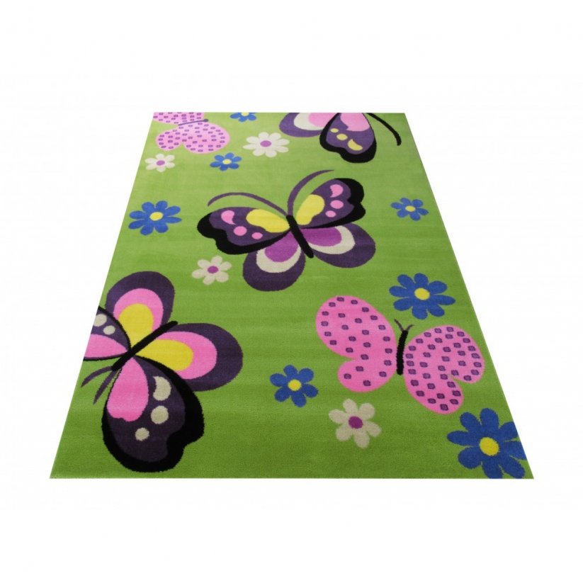 Zelený detský koberec s motýlikmi
