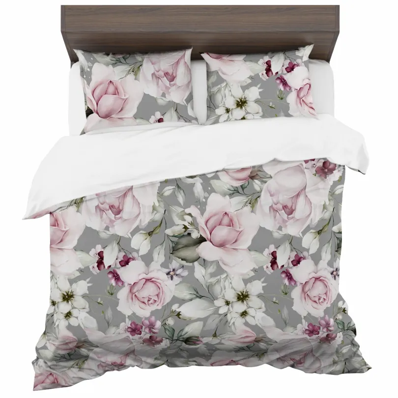 Povlečení ze syntetické bavlny s květinovým vzorem růží – šedé