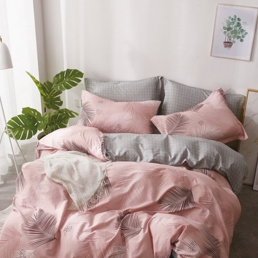 Lenjerie de pat frumoasă și confortabilă din bumbac, în combinație roz-gri, cu un model de frunze