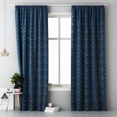 Temno modra dekorativna zavesa z zlatim vzorcem za dnevno sobo