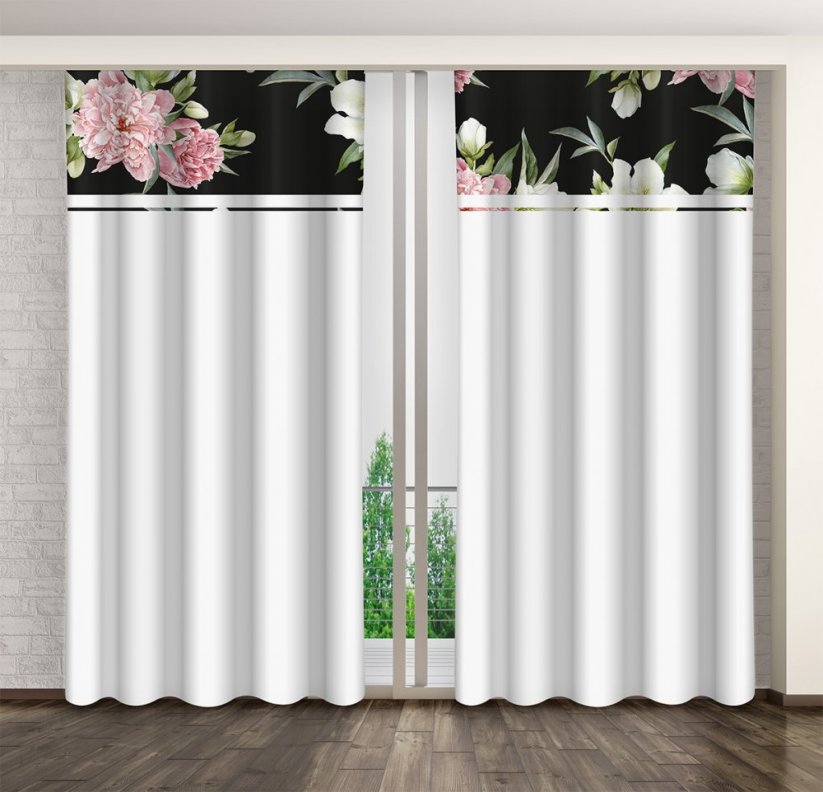 Jednostavna bijela zavjesa s printom ružičastih i bijelih božura - Veličina: Širina: 160 cm | Duljina: 270 cm