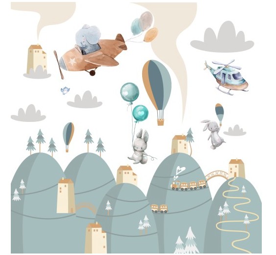Autocolant frumos de perete în culori pastelate Animal Travelers - Dimensiune autocolant: 80 x 160 cm