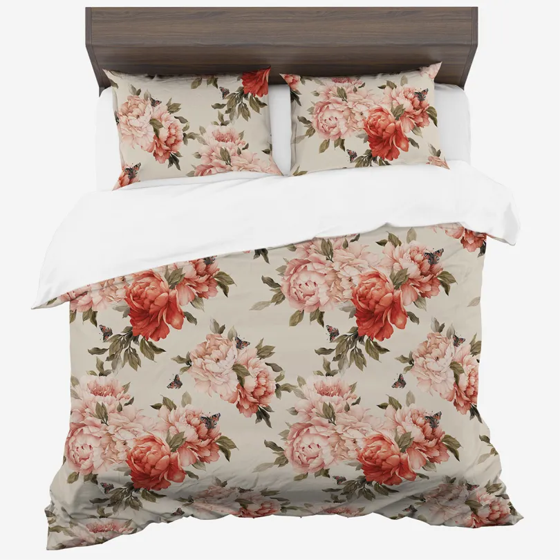 Posteľné obliečky zo syntetickej bavlny s pivóniami - krémové