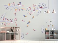 Moderní nálepka na zeď s efektem vodových barev ptáčky a jeřabina