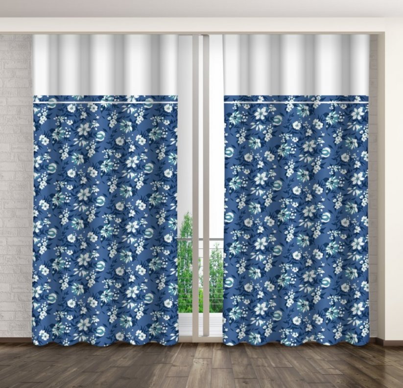 Синя завеса с принт на бели и сини цветя и бял кант - Pазмер: Ширина: 160 см | Дължина: 270 см