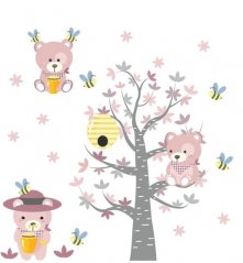 Čudovita otroška stenska nalepka z rožnatimi medvedki in čebelami