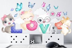 Adesivo murale per ragazze, gattini con la scritta LOVE