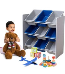 Рафт за детски играчки с 9 пластмасови кутии - синьо-сив