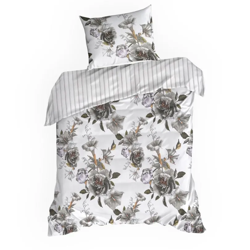 Obojstranné posteľné obliečky z bavlneného saténu - biele so sivými kvetmi