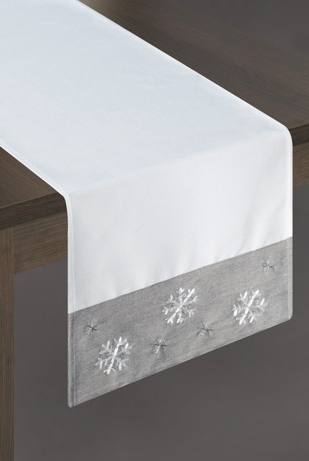 Biela štóla na stôl so sivým zakončením a snehovými vločkami