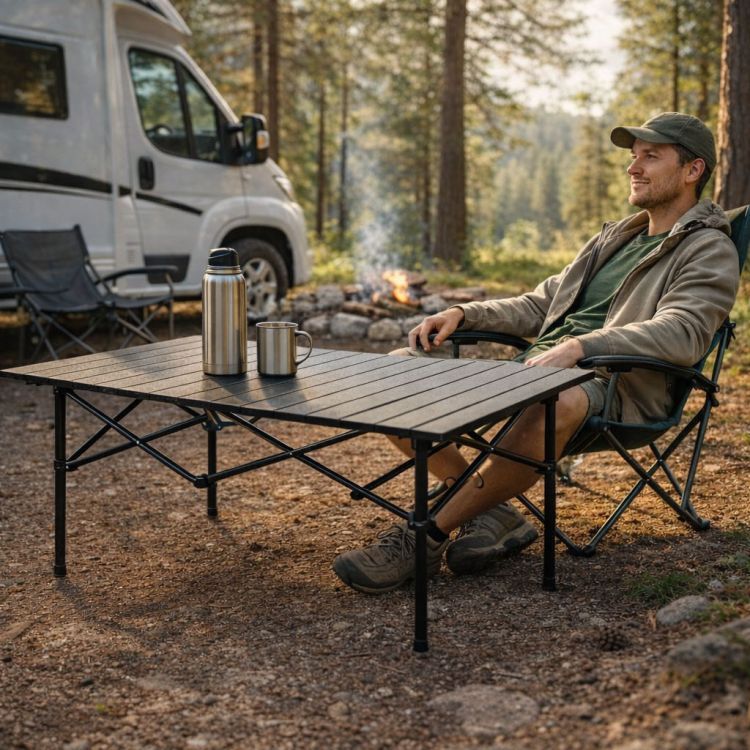 Skladací turistický, kempingový stolík - čierny stolík na piknik