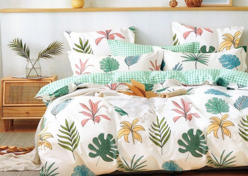 Bavlnené posteľné obliečky s motívom listov krémovej farby