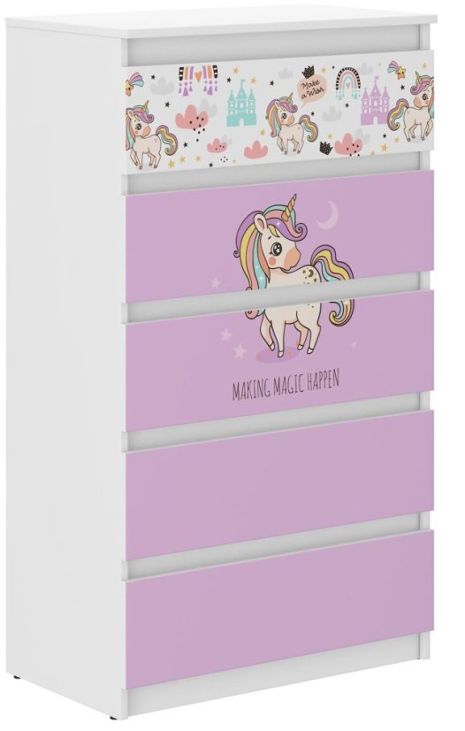 Kiváló minőségű gyermek komód rózsaszín egyszarvú motívummal 121x40x70 cm