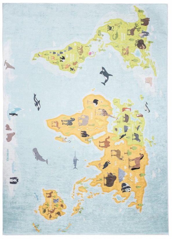 Detský koberec s motívom mapy sveta a zvierat