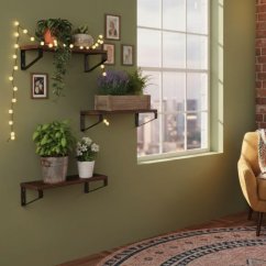 Rafturi suspendate pentru flori și decorațiuni - set de 3, oțel negru și decor din lemn