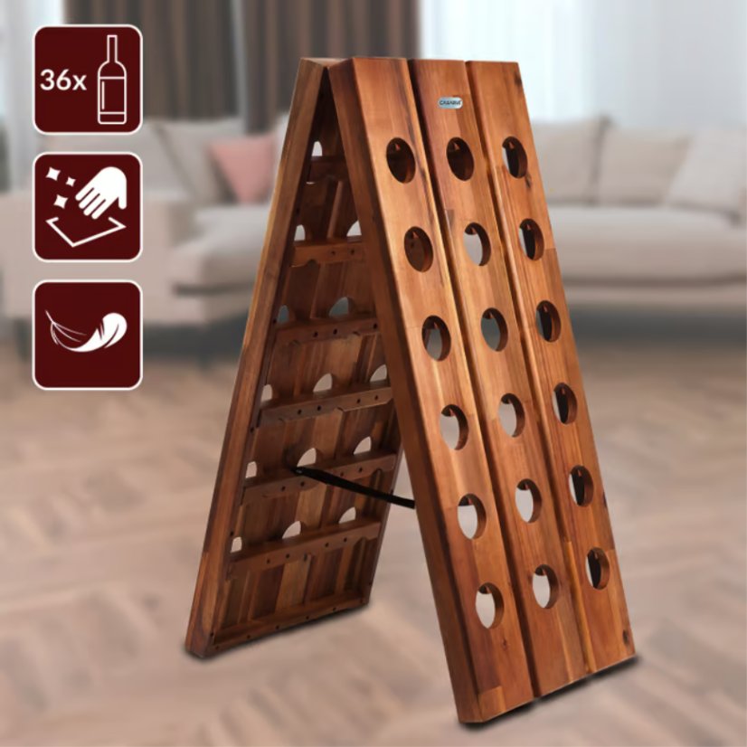 Rack de vin din lemn pliabil din lemn de acacia pentru 36 de sticle