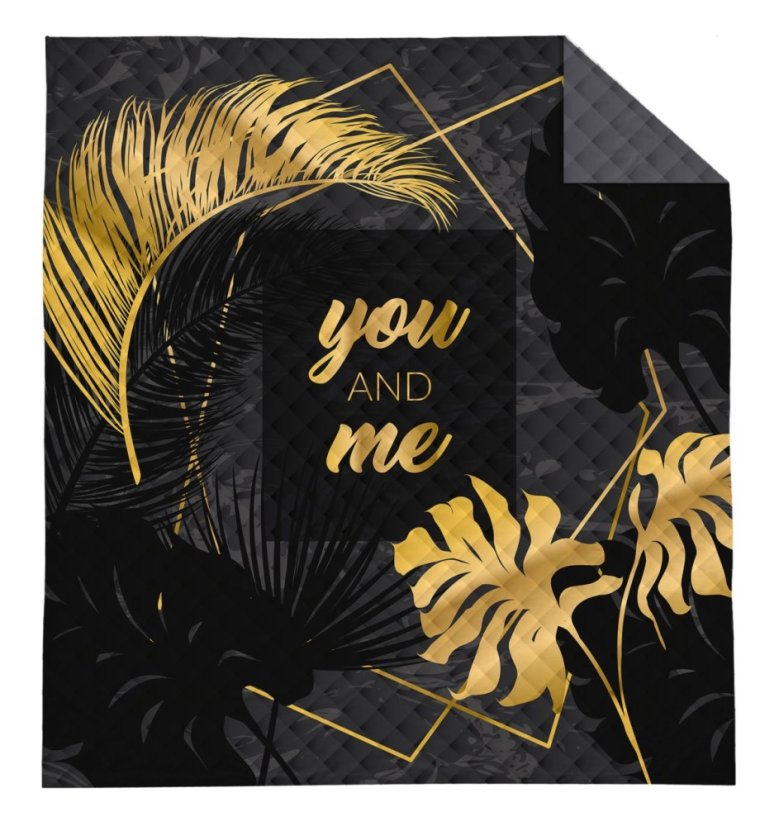 Модерна покривка за легло с надпис YOU AND ME - дизайн в черно и златно