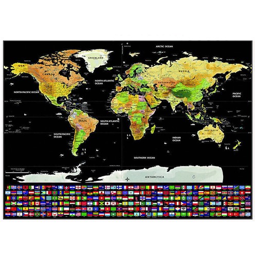 Mappa del mondo da grattare con bandiere 82 x 59 cm + accessori