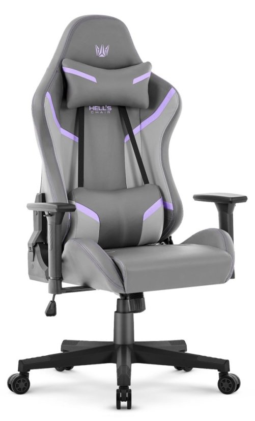 Herné ergonomické kreslo HC-2002 s nosnosťou 150 kg - sivé s fialovými detailmi