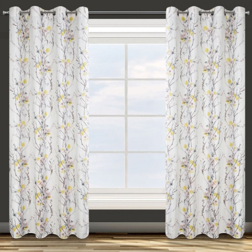 Perdea albă aerisită și ușoară pentru cercuri cu model floral galben 140 x 250 cm
