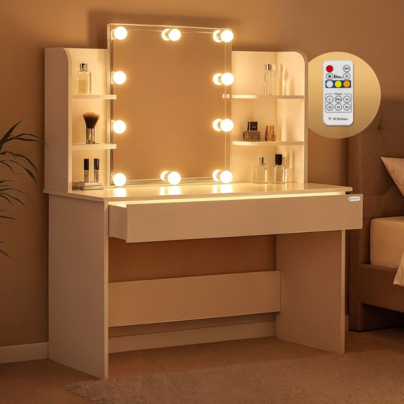 Toeletta Lucia con illuminazione LED, specchio, cassetto e ripiani 140 x 110 x 40 cm