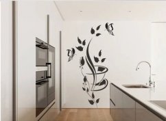 Samolepka na zeď do kuchyně s květinami, motýlem a šálkem