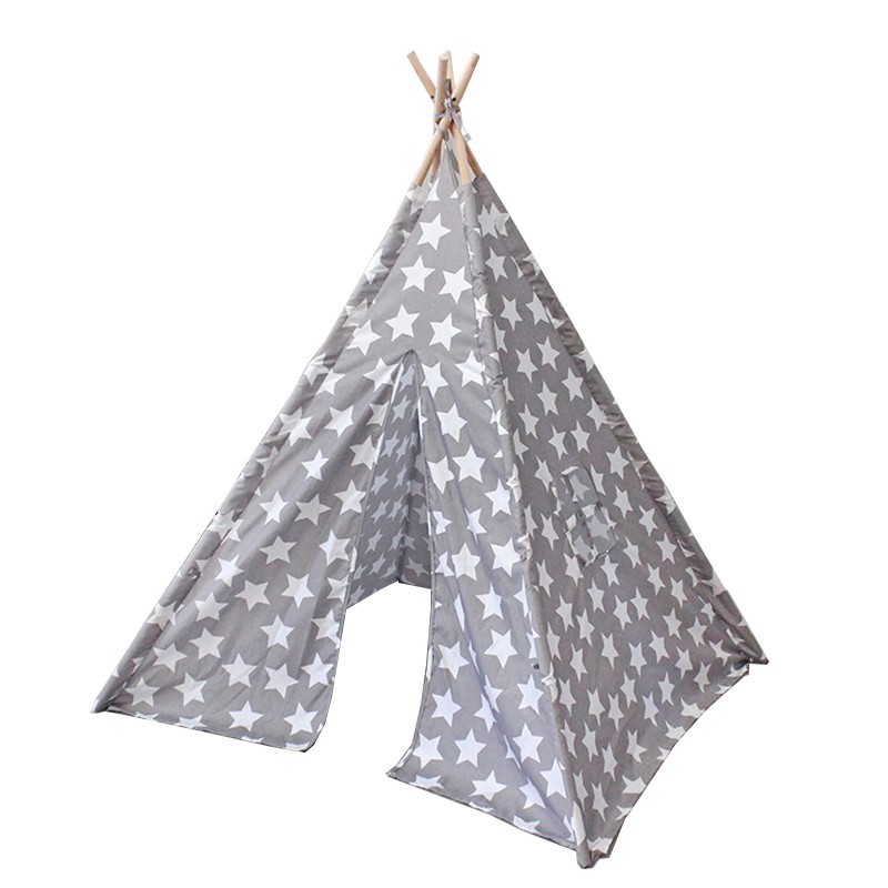 Sivý teepee stan pre deti s motívom hviezd 110 cm x 140cm 