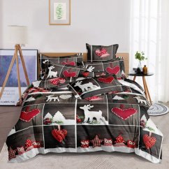 Božićna smeđe-crvena posteljina s motivom sobova i srca