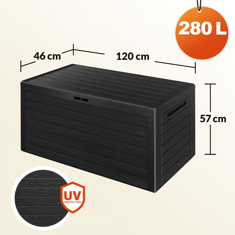 Ladă de depozitare pentru grădină Woody 280 l - antracit, aspect lemn, impermeabilă