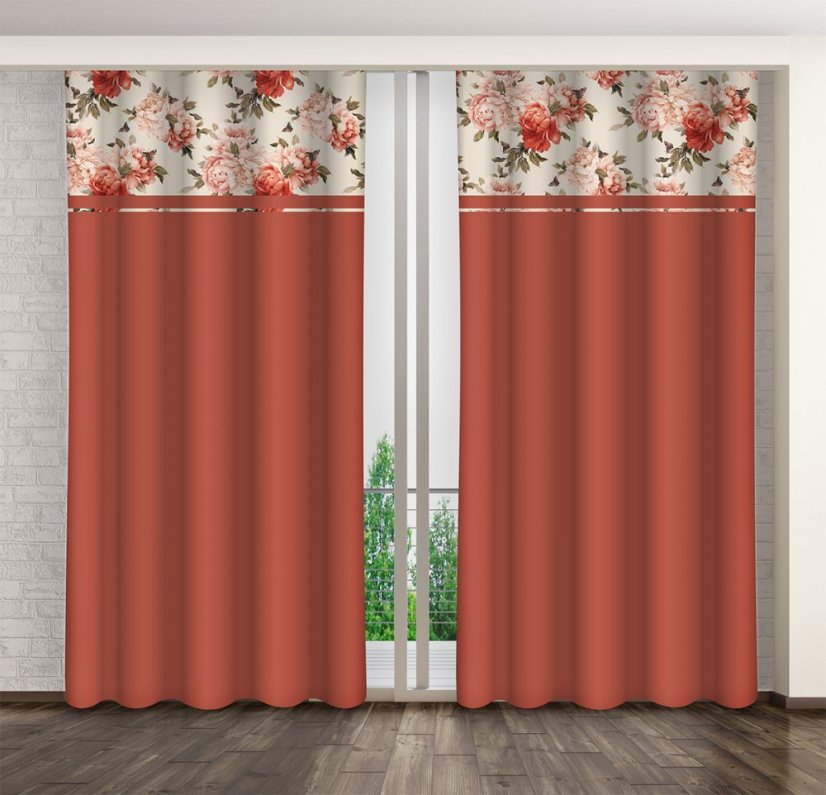  Elegantný oranžový záves s potlačou farebných kvetov