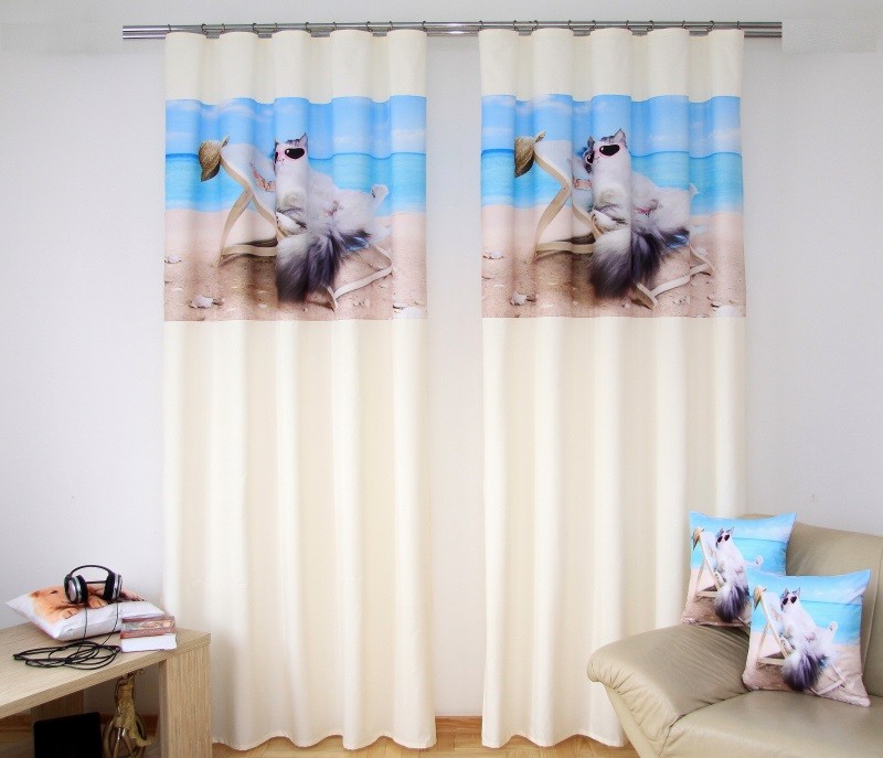 Krémový detský závesy s motívom mačky na lehátku - Rozmer: Šírka: 160 cm | Dĺžka: 250 cm (v sade sú 2 kusy) Krémový detský závesy s motívom mačky na lehátku - Rozmer: Šírka: 160 cm | Dĺžka: 250 cm (v sade sú 2 kusy)