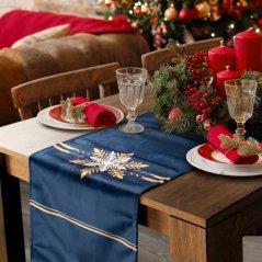 Božićni stol u plavoj boji s uzorkom zlatnih pahulja