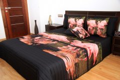 Cuvertură de pat neagră cu model flamingo roz