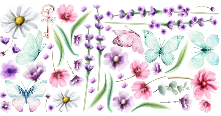 Falmatrica gyerekszobába - pasztell rét pillangókkal és virágokkal