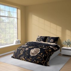 Bettlaken aus Mikrofaser - schwarz mit beige-goldenem Blumenmuster